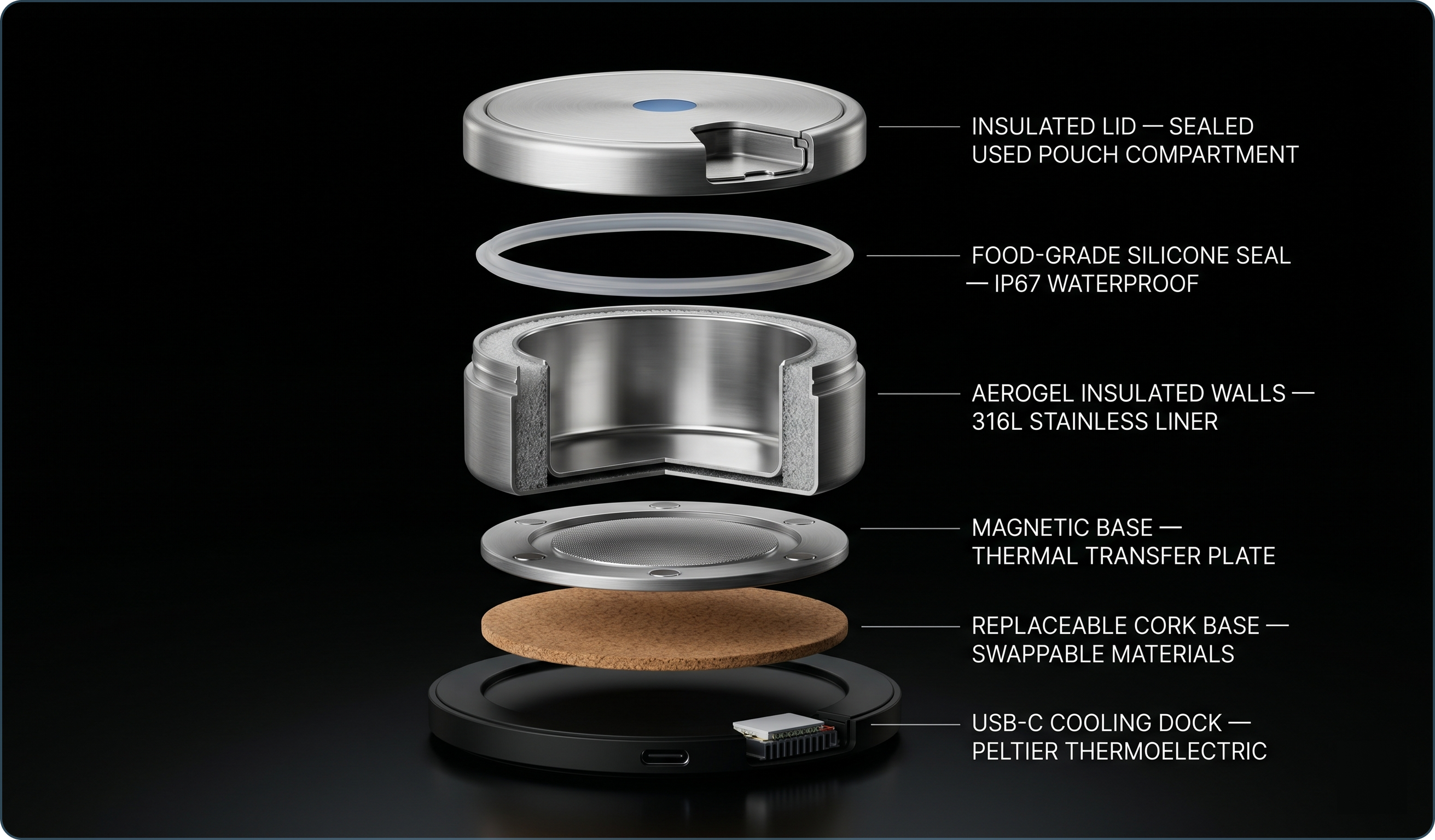Exploded view of Kulda snus cooler internals — aerogel insulation, 316L stainless steel liner, Peltier thermoelectric module, machined aluminium body, magnetic cork base